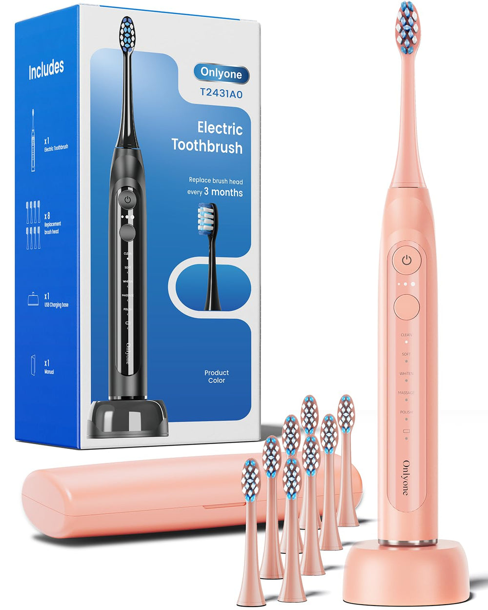 Onlyone sonic electric toothbrush for adults with 8 replacement brush heads