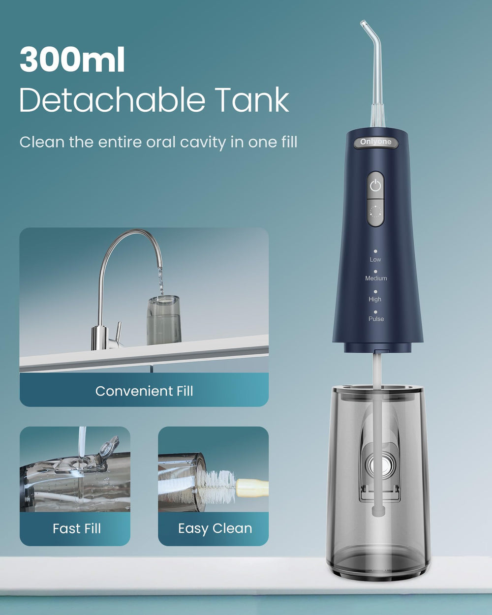 Compact blue water flosser in travel setup