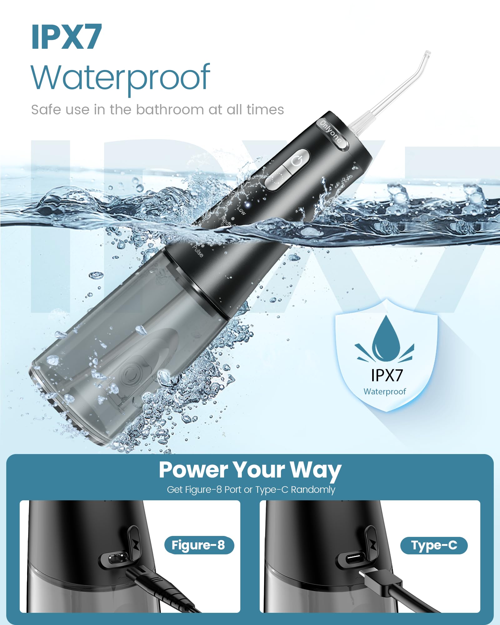 Package contents: flosser, 5 tips, manual, charging cable