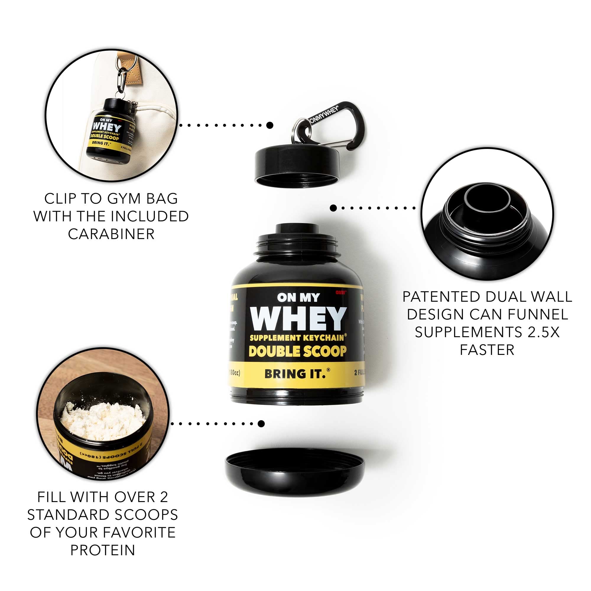 ONMYWHEY Dual screw cap offers secure, leak-proof travel.
