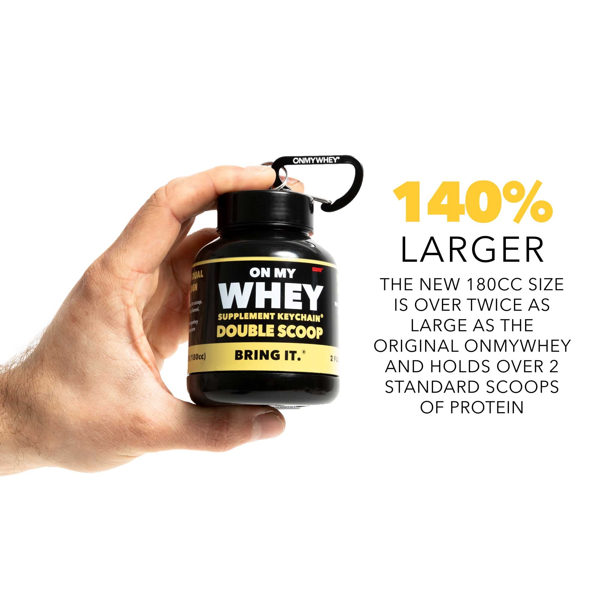 ONMYWHEY Fast pour design speeds mixing in any water bottle.