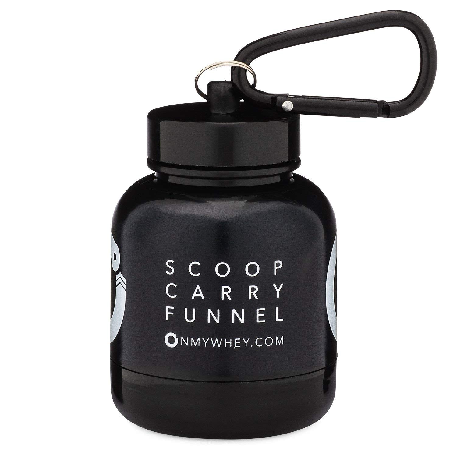 Close-up of dual screw cap on OnMyWhey keychain