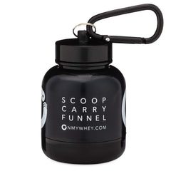 Close-up of dual screw cap on OnMyWhey keychain