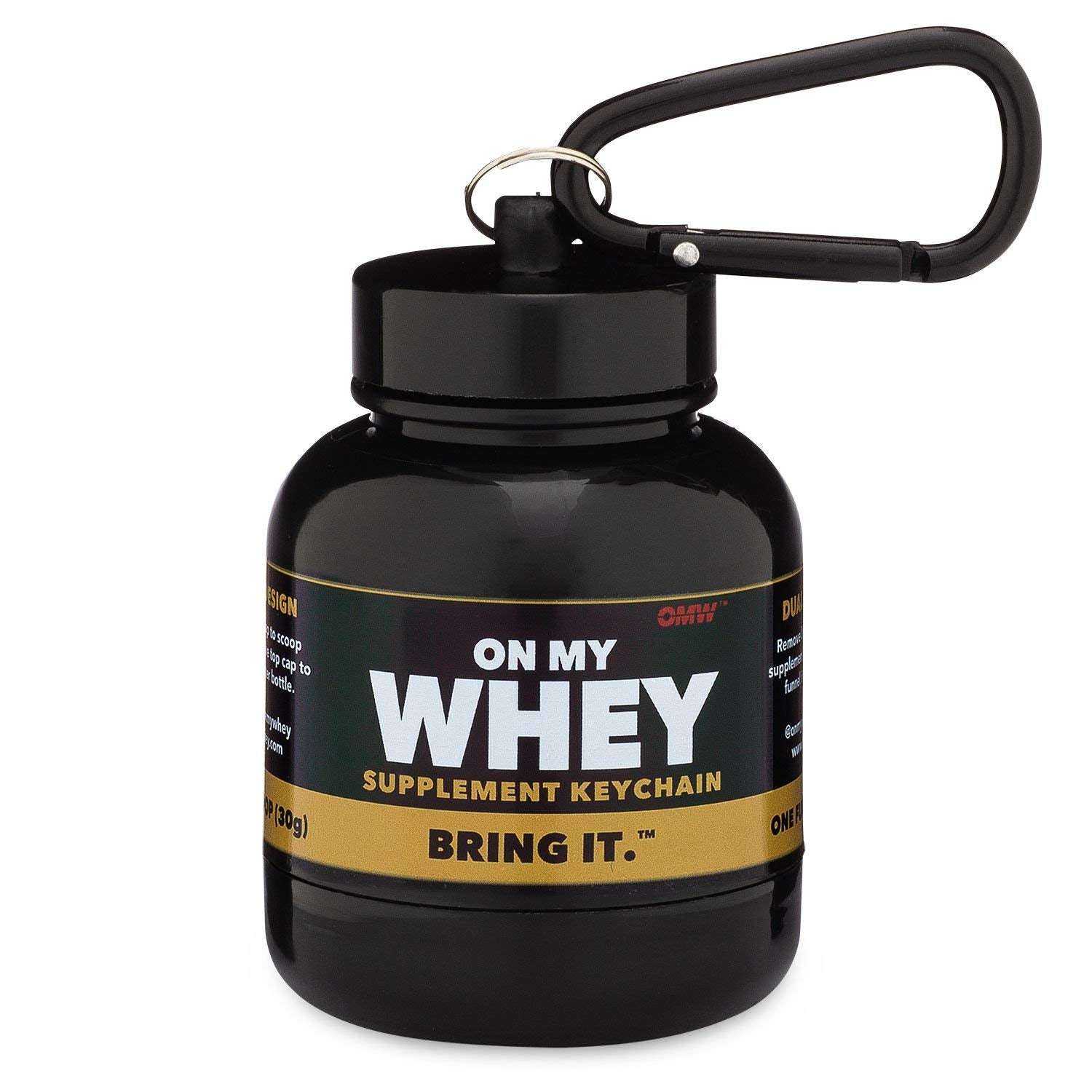 Close-up pouring from OnMyWhey container with 75 cc capacity