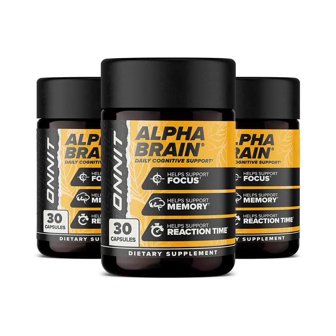 Front view of ONNIT Alpha Brain 3-pack with 90 capsules