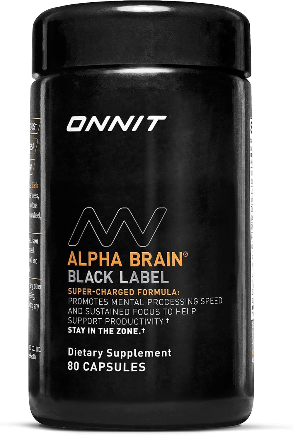 Front view of ONNIT Alpha Brain Black Label 80-count bottle