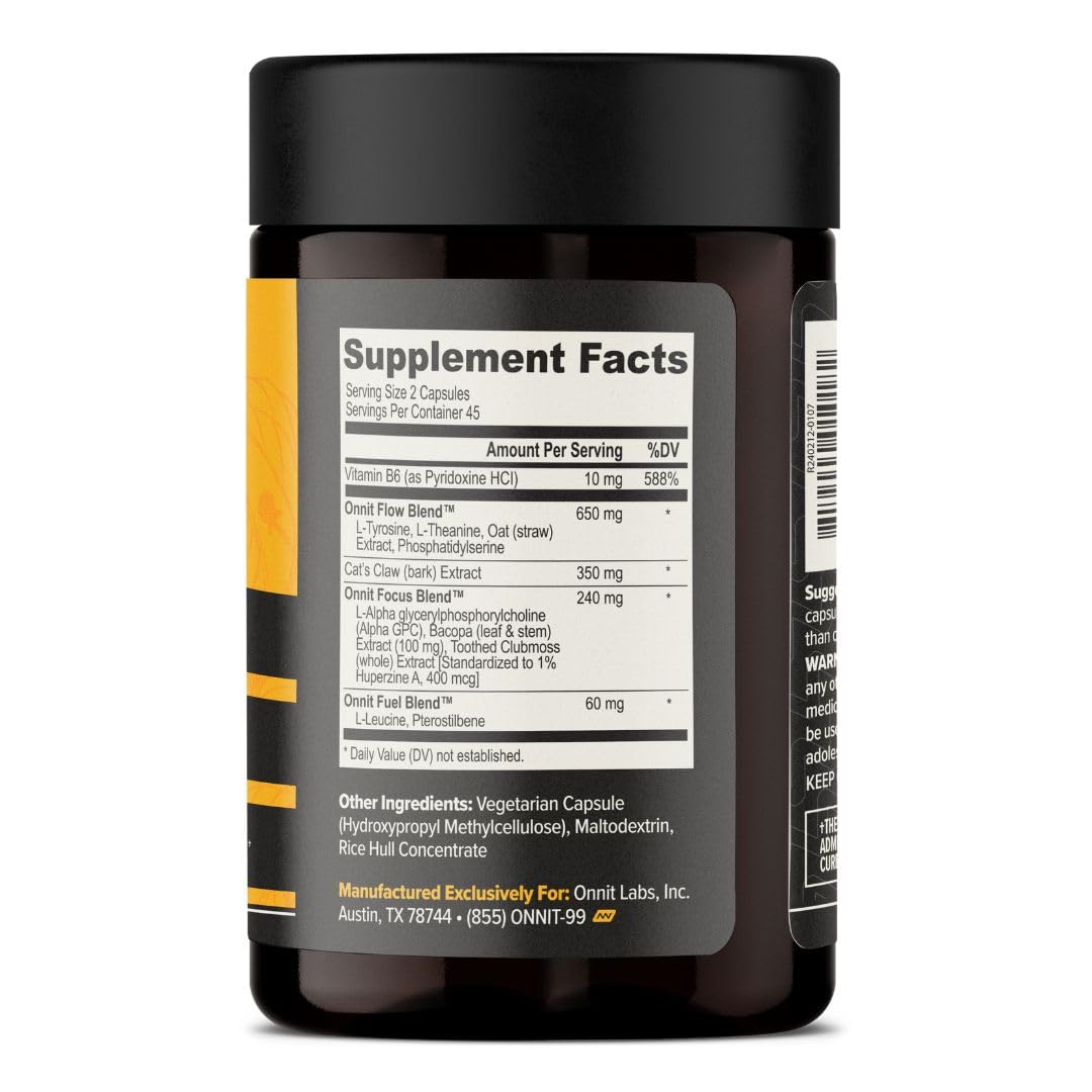 ONNIT Alpha Brain bottle back label highlighting caffeine-free cognitive ingredients