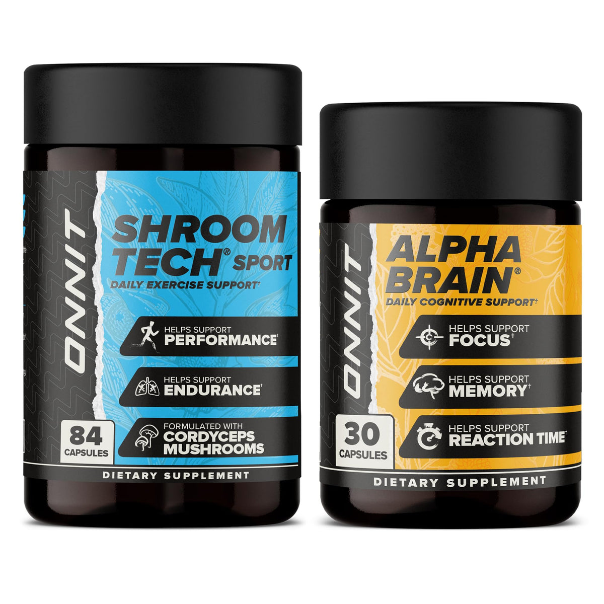 ONNIT Alpha Brain bottle close-up signaling memory and focus support for study sessions.