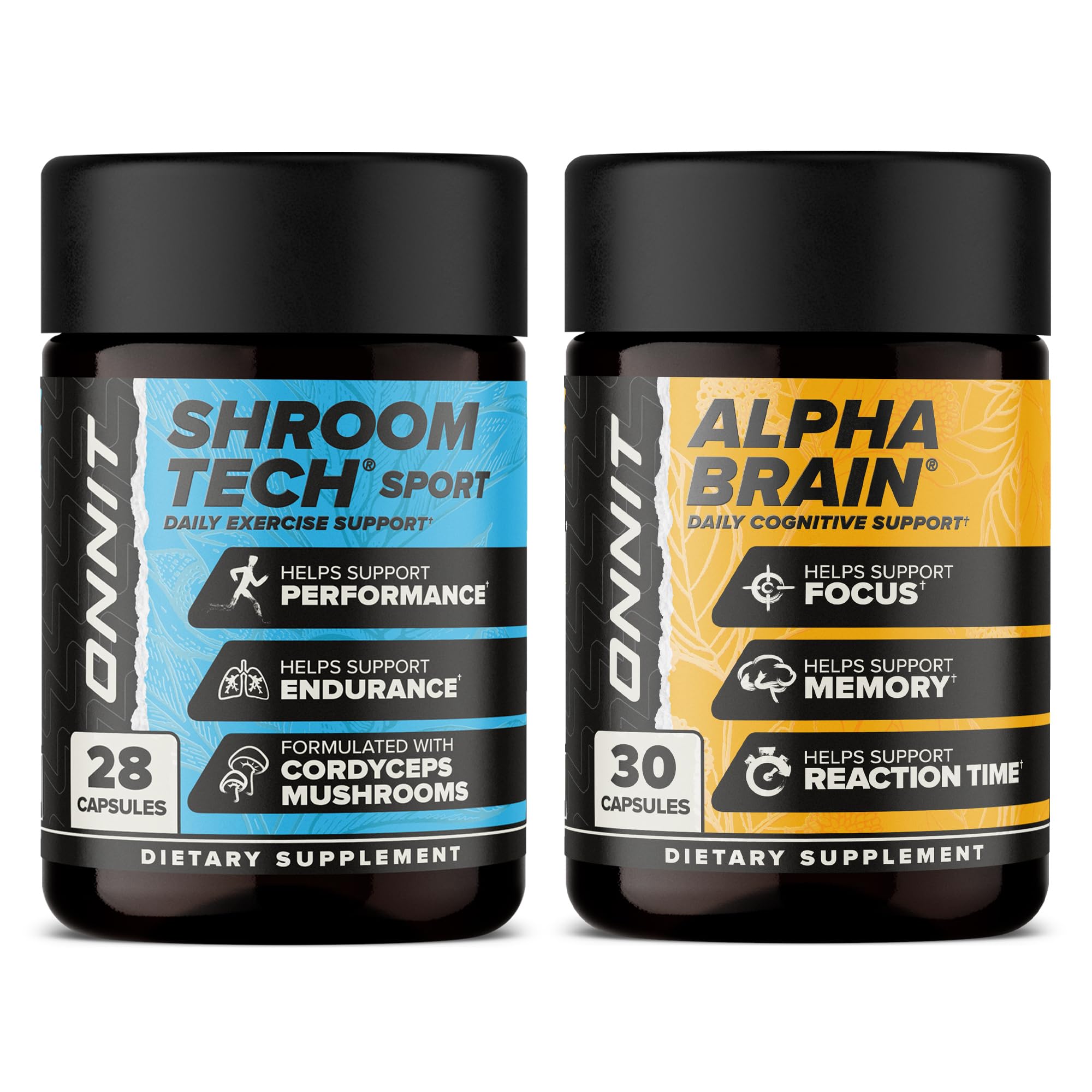 ONNIT Premium Alpha Brain Bundle: Alpha Brain 30ct & Shroom Tech Sport 28ct bottles.