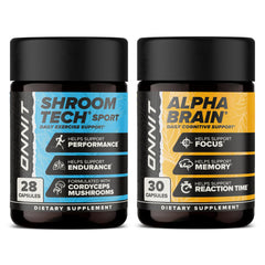 ONNIT Premium Alpha Brain Bundle: Alpha Brain 30ct & Shroom Tech Sport 28ct bottles.