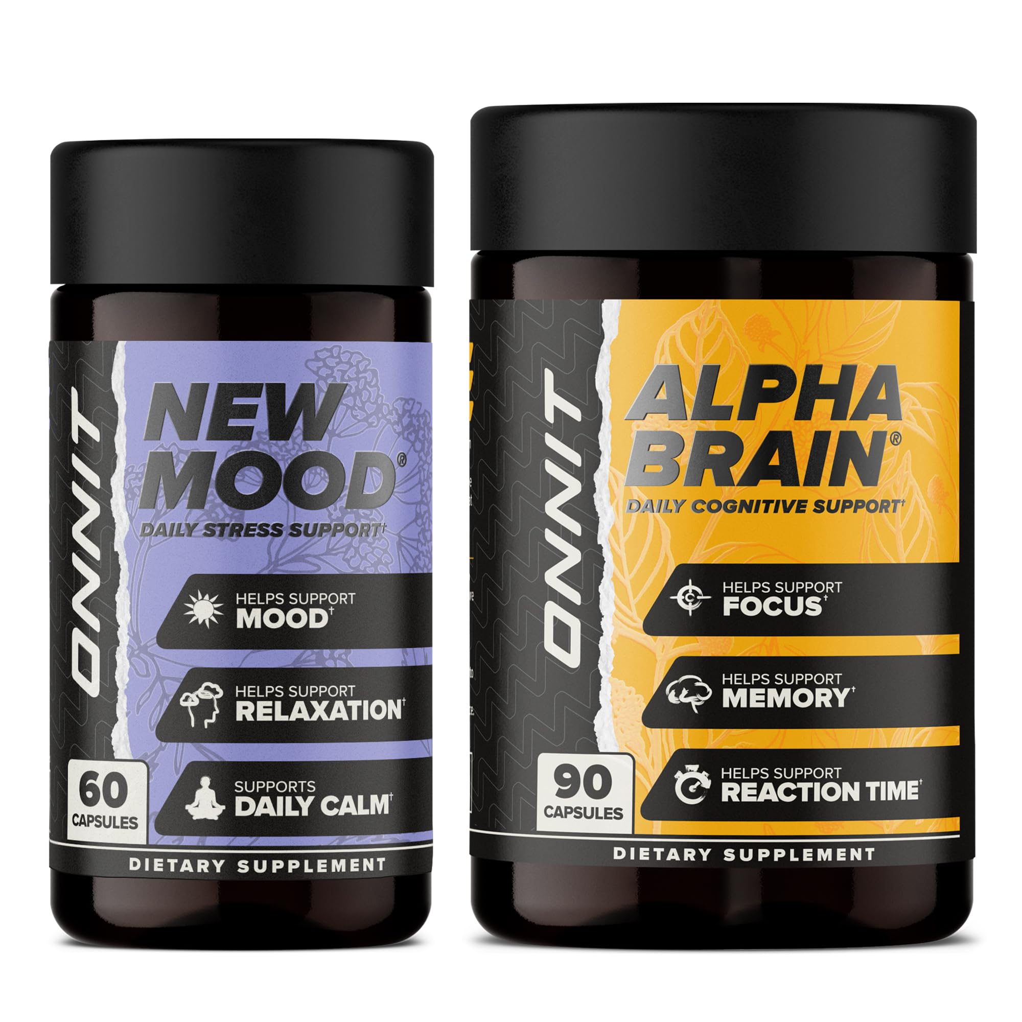ONNIT Premium Alpha Brain Bundle with 90-count Alpha Brain and 60-count New Mood bottles for focus, memory and mood support