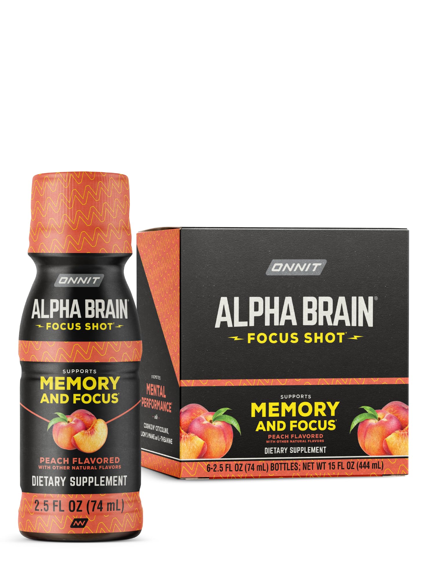 ONNIT Alpha Brain Peach bottle ready-to-drink for enhanced focus and mood