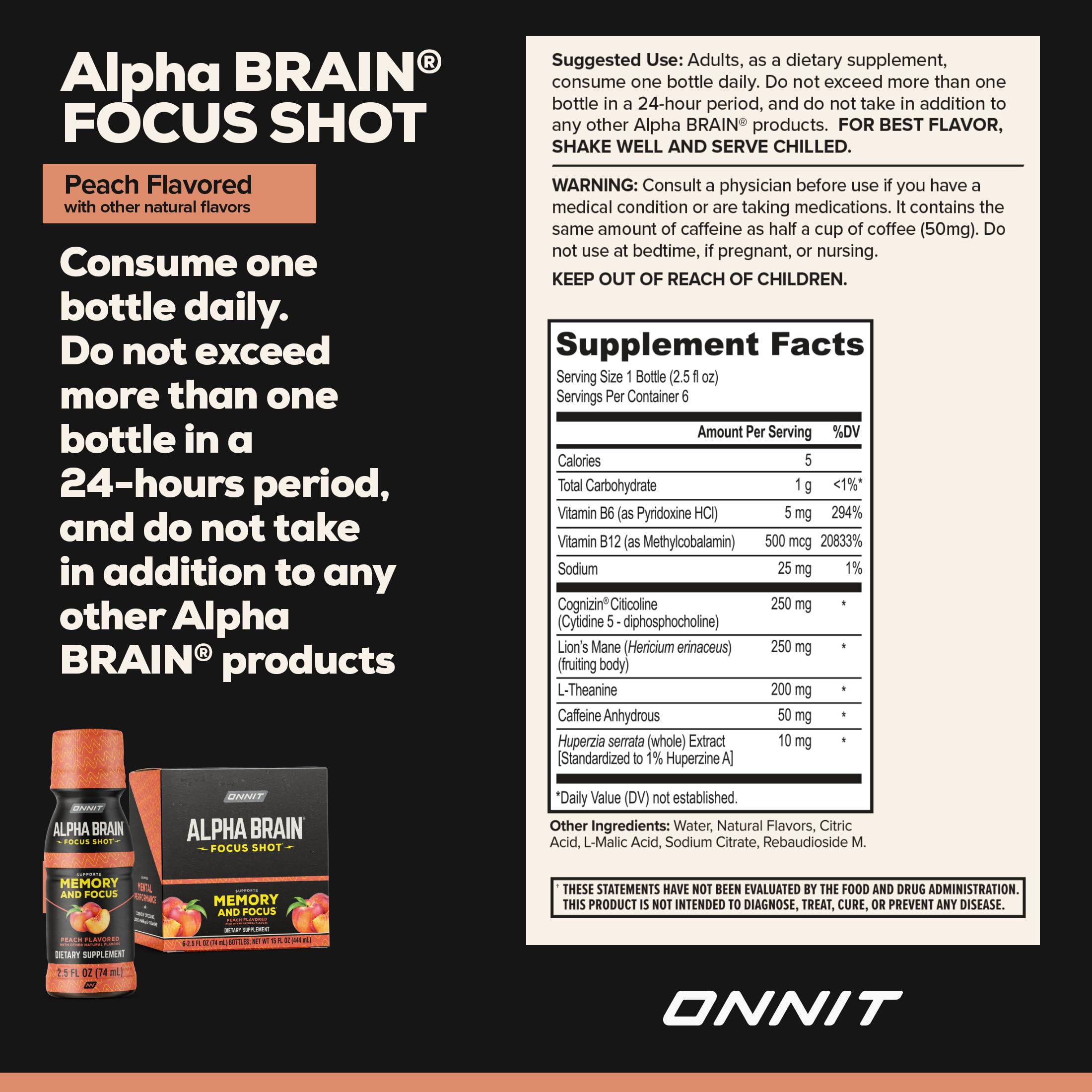 ONNIT Alpha Brain Peach ingredients panel highlights non-GMO, gluten-free, sugar-free formula