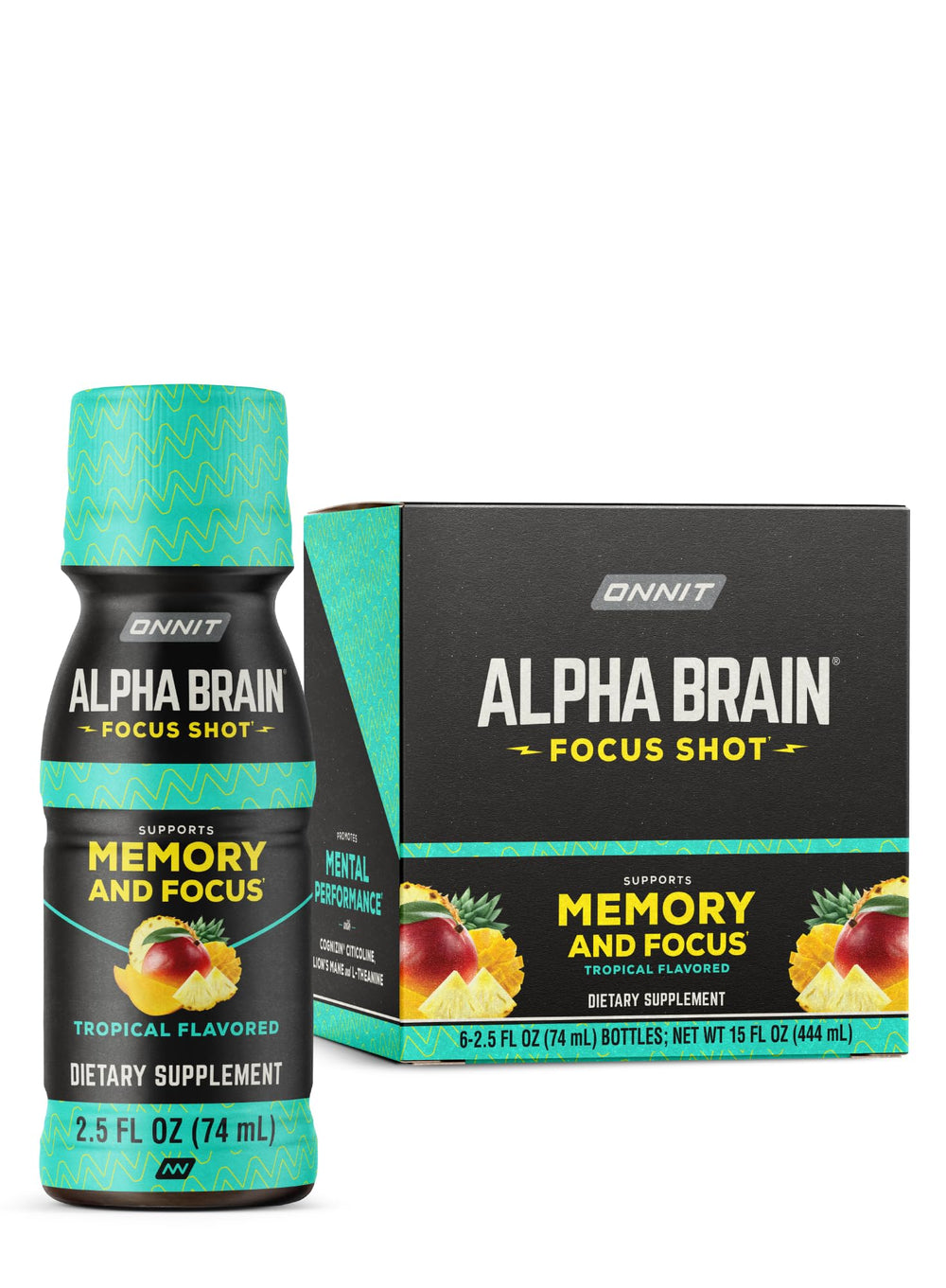 ONNIT Alpha Brain Focus Shot tropical bottle for on-the-go focus and flavor.