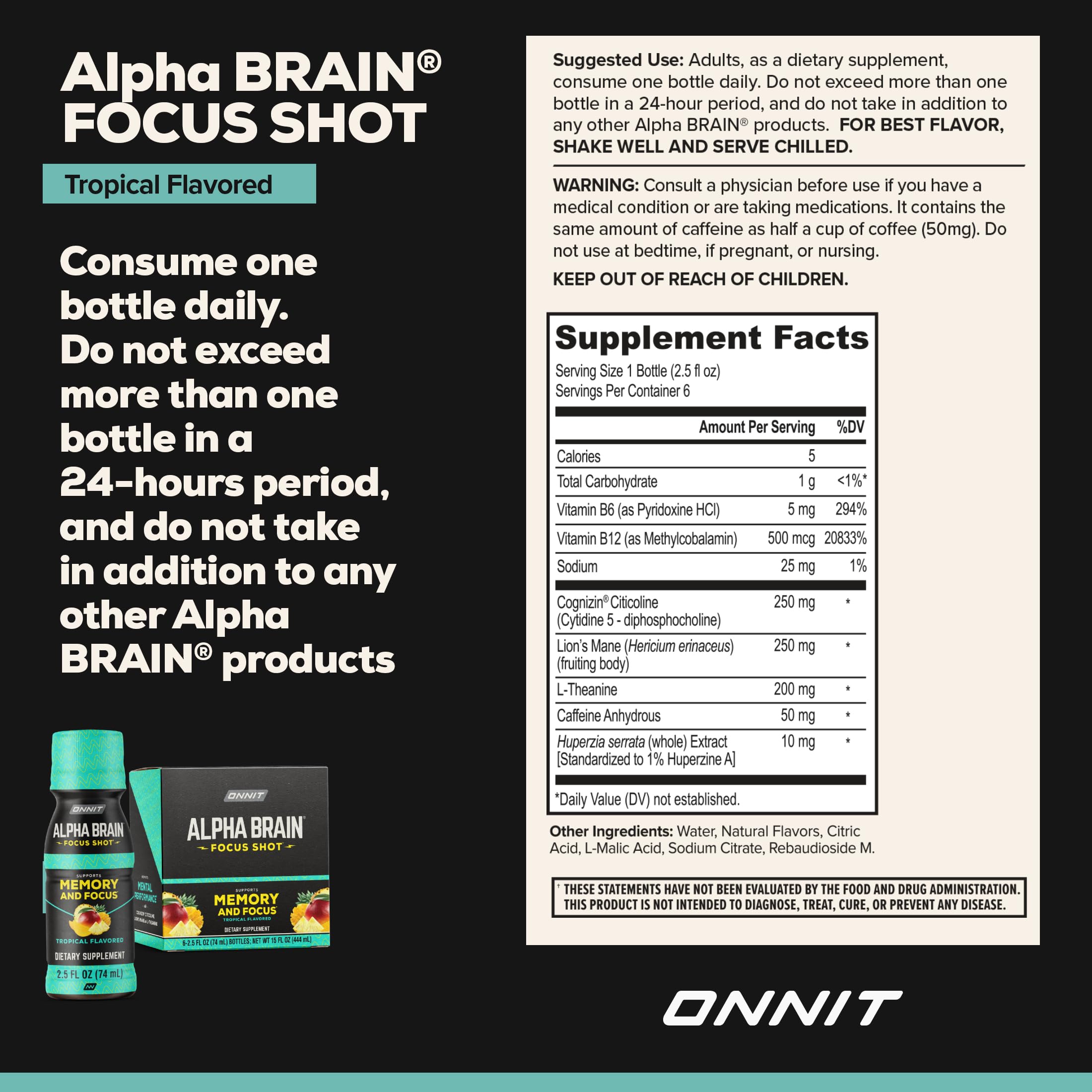 ONNIT Alpha Brain Focus Shot tropical glass pour highlights refreshing tropical flavor.