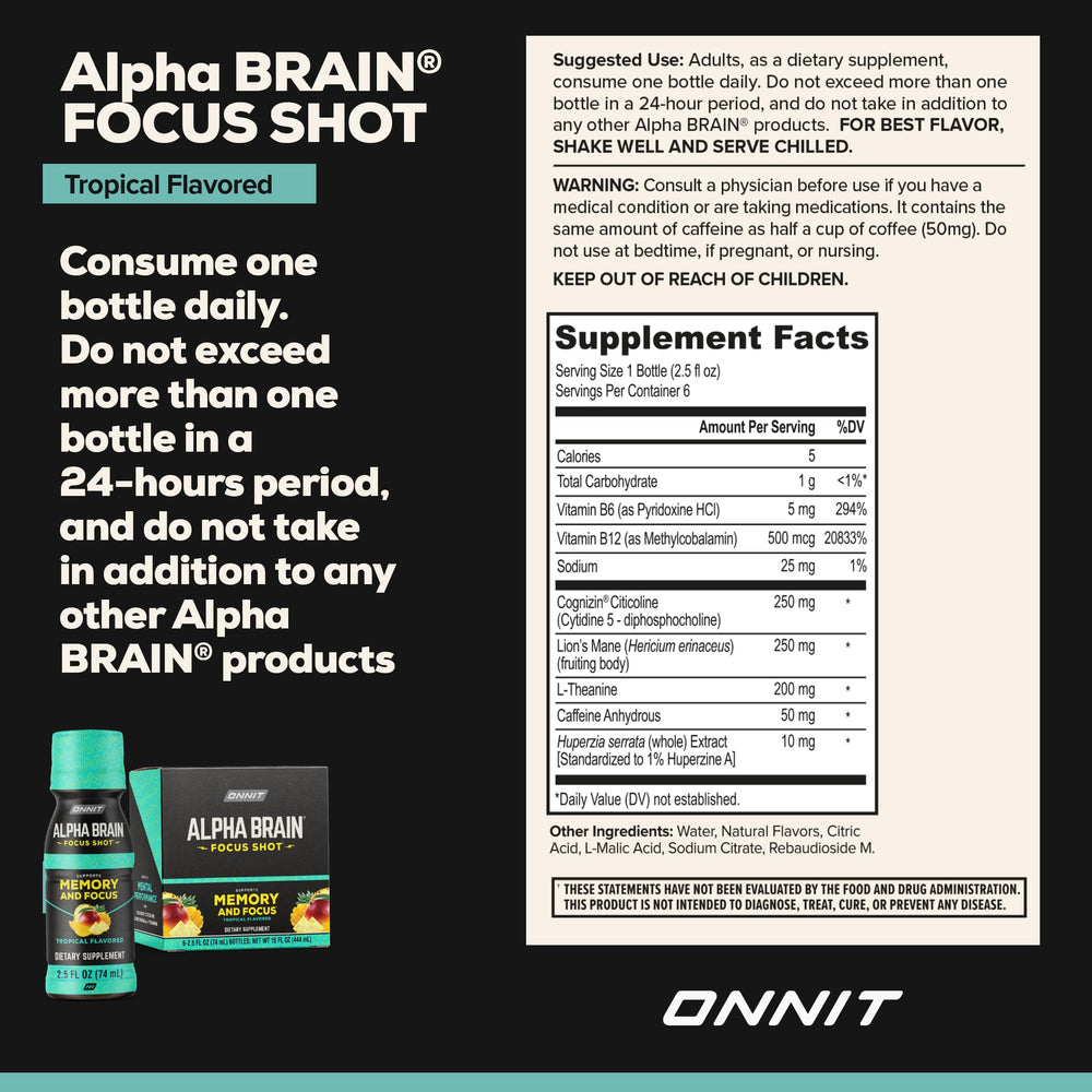 ONNIT Alpha Brain Focus Shot tropical glass pour highlights refreshing tropical flavor.