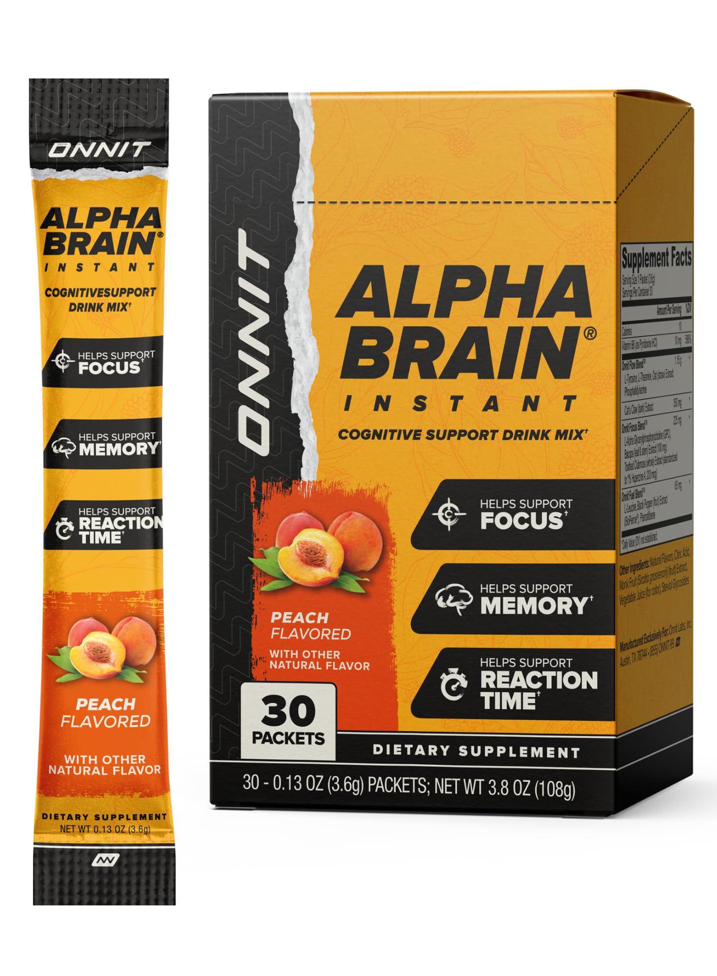 ONNIT Alpha Brain Instant Peach bottle and packaging