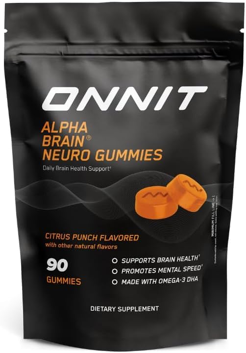 Front view of ONNIT Alpha Brain Neuro Gummies Citrus Punch bottle