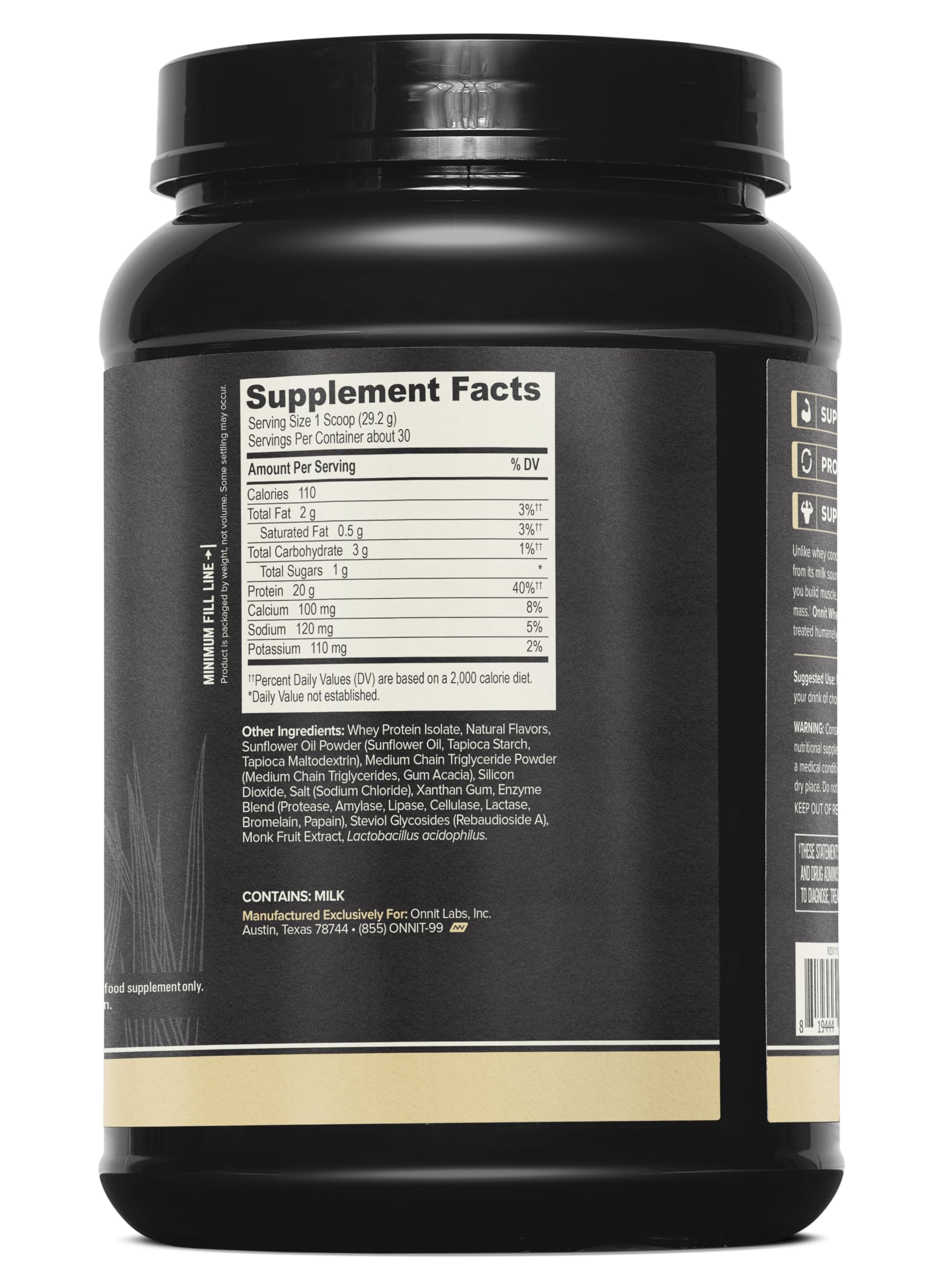 ONNIT Grass Fed Whey Isolate Vanilla shake in glass emphasizes creamy texture.