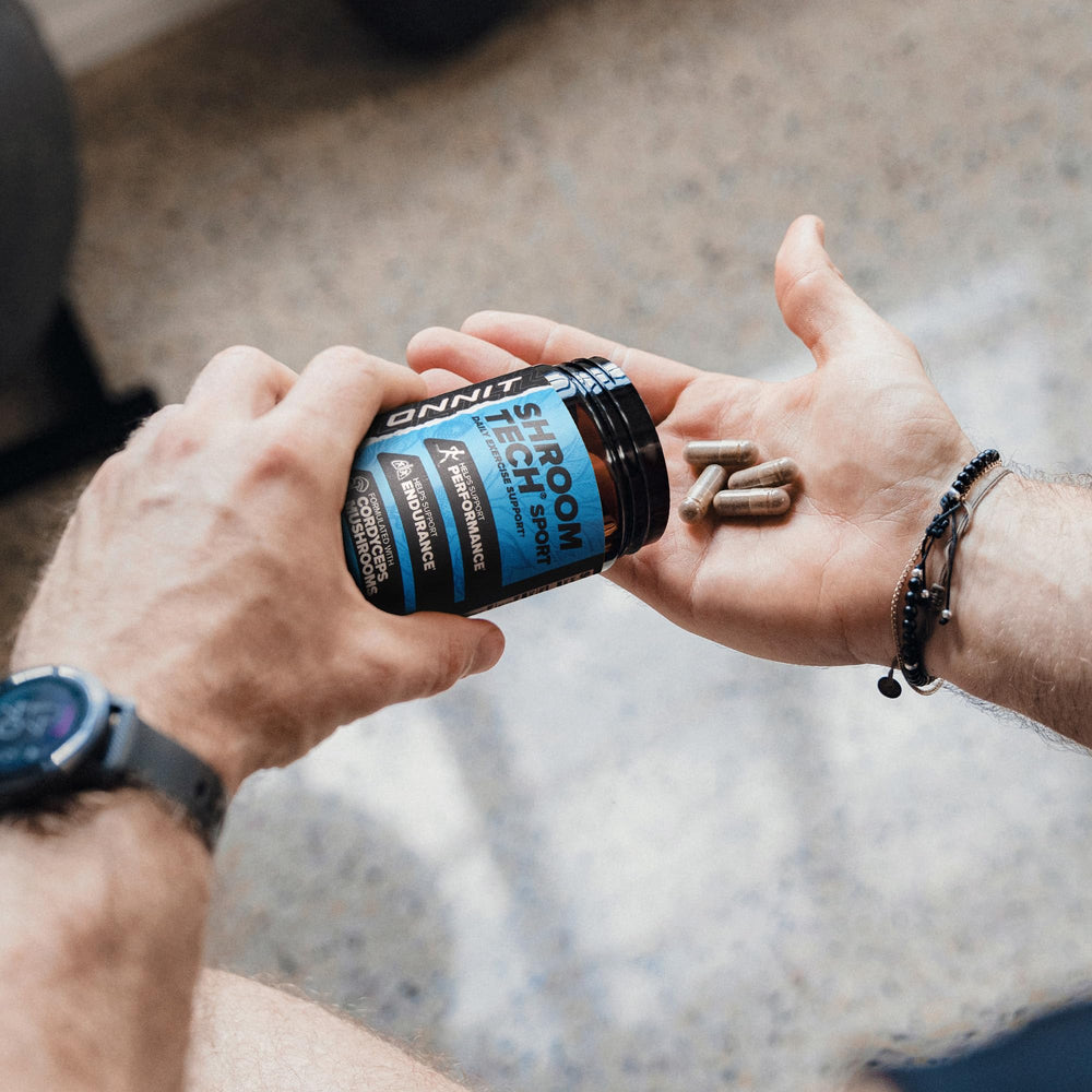 ONNIT Shroom Tech SPORT packaging emphasizes stimulant-free formula