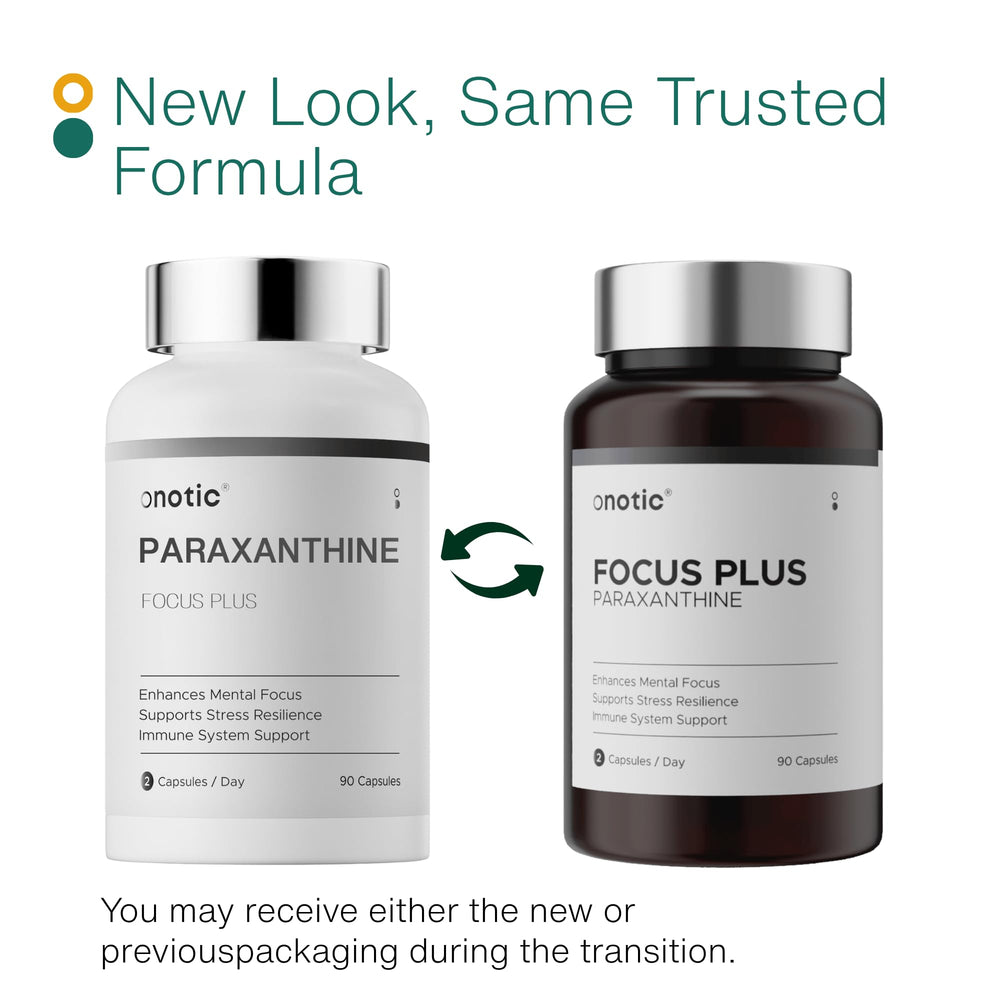 ONOTIC 90 Paraxanthine capsules pack showcasing bottle design and vitamin C boost