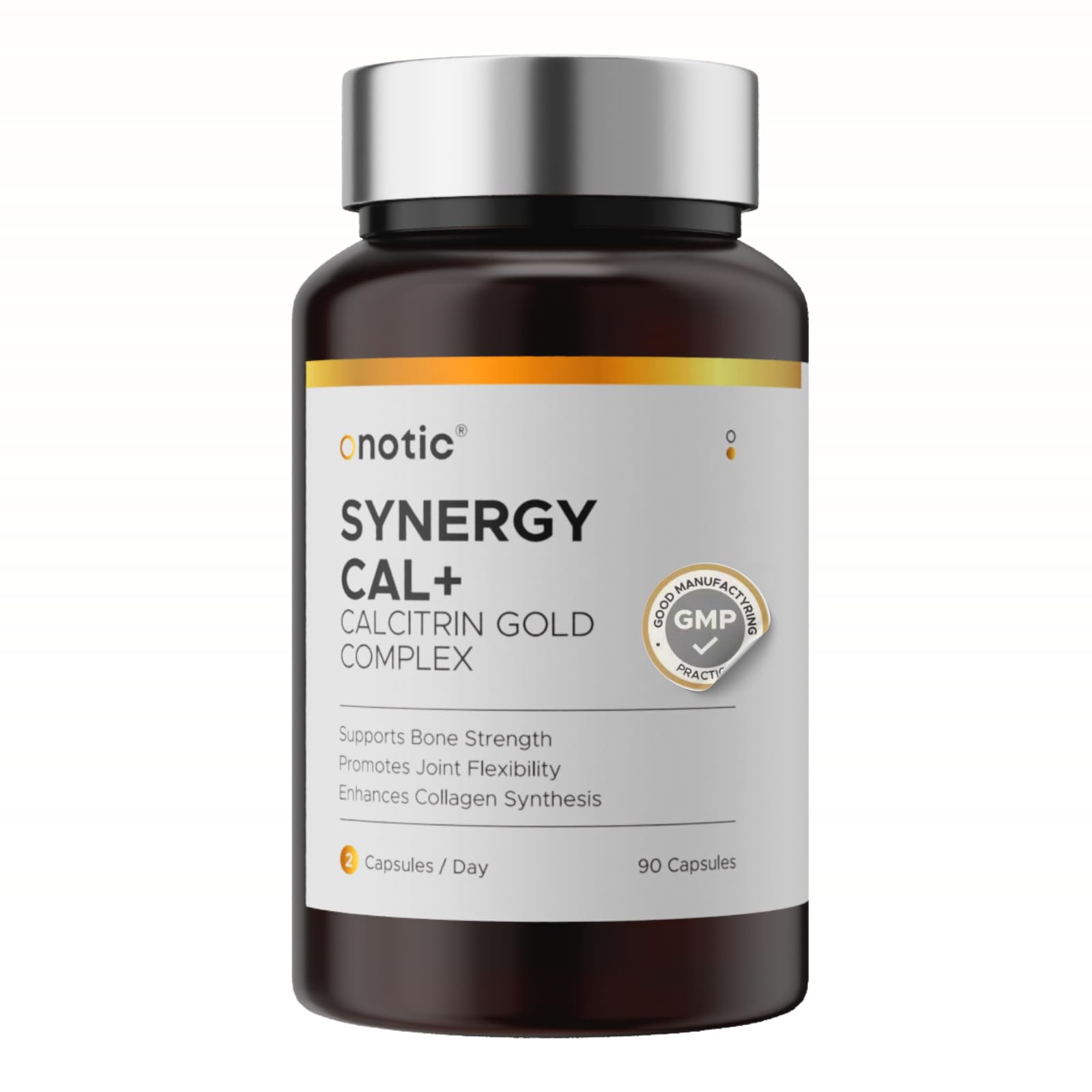 Bottle of ONOTIC Calcitrin Gold on a clean countertop lifestyle shot