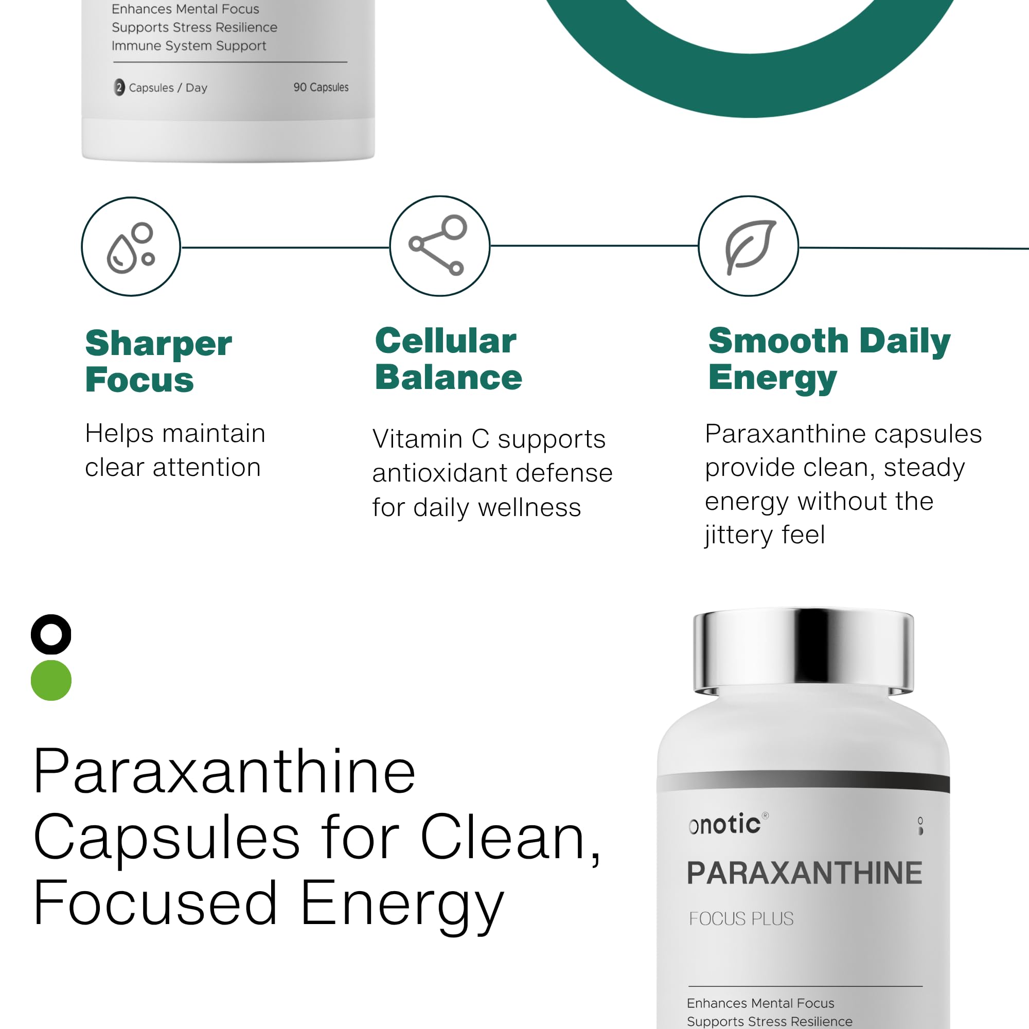 ONOTIC capsules closeup ingredients highlighting paraxanthine and vitamin C synergy