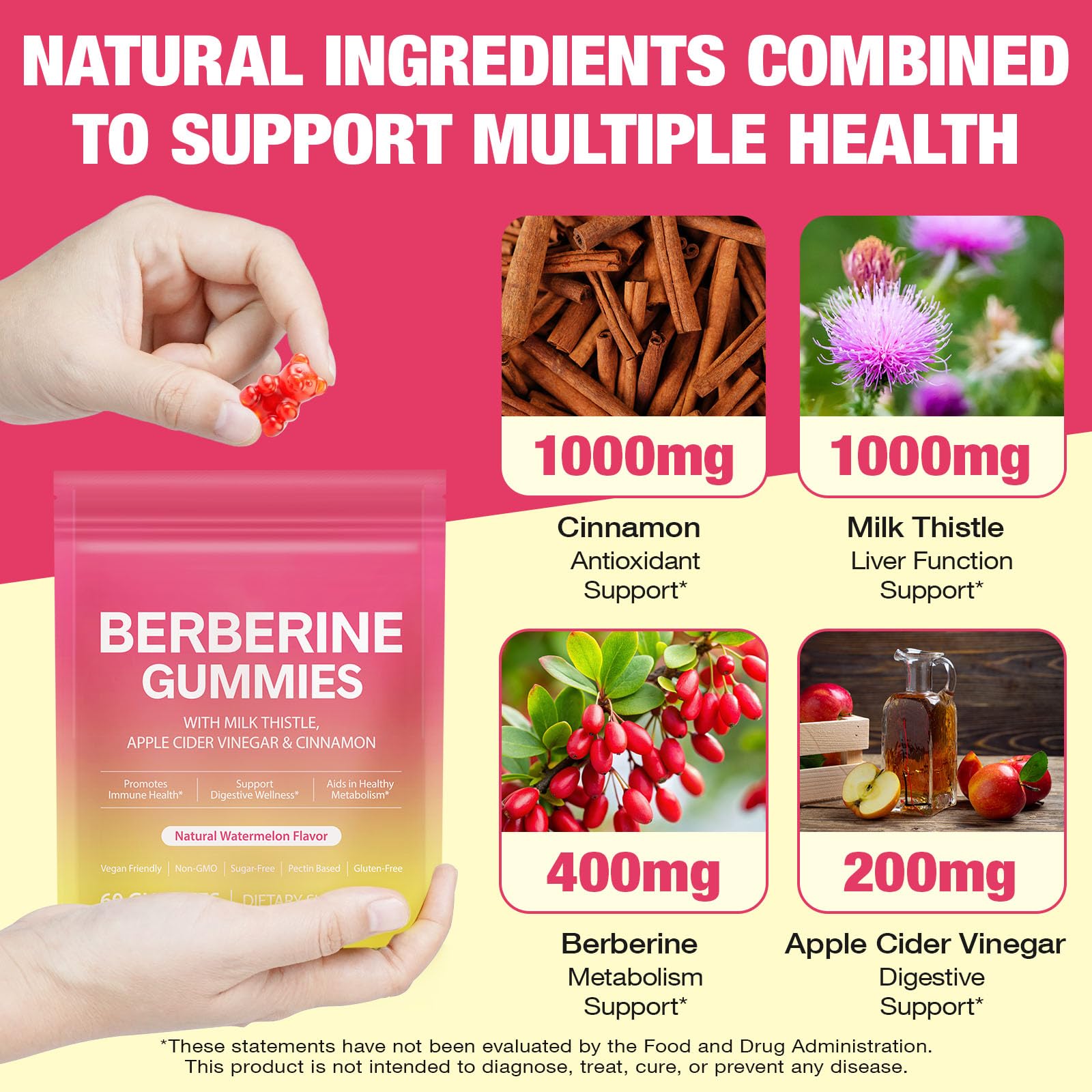 Onznoz Berberine Gummies bottle back detailing ingredients for gut and immune health