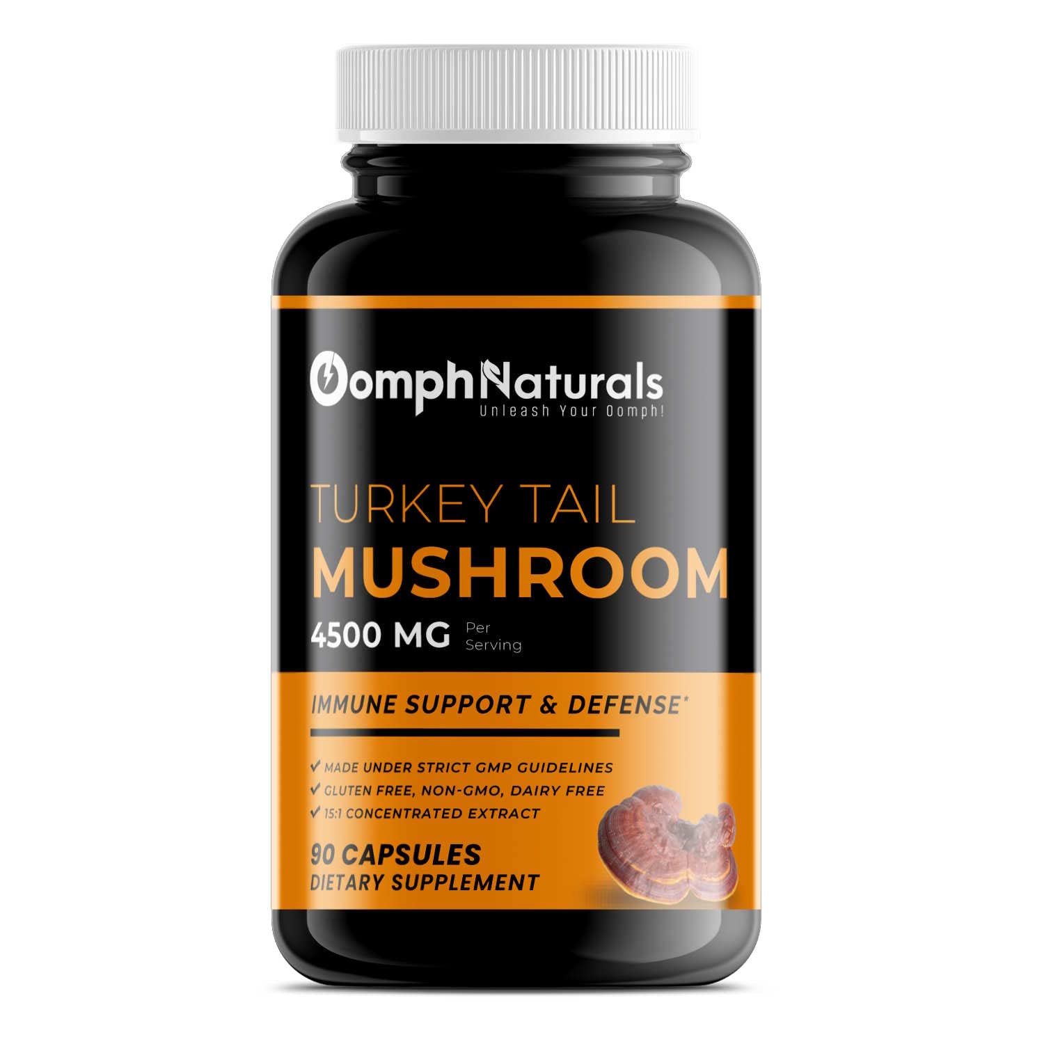 Bottle of Oomph Naturals Turkey Tail Mushroom Capsules with 4500mg extract