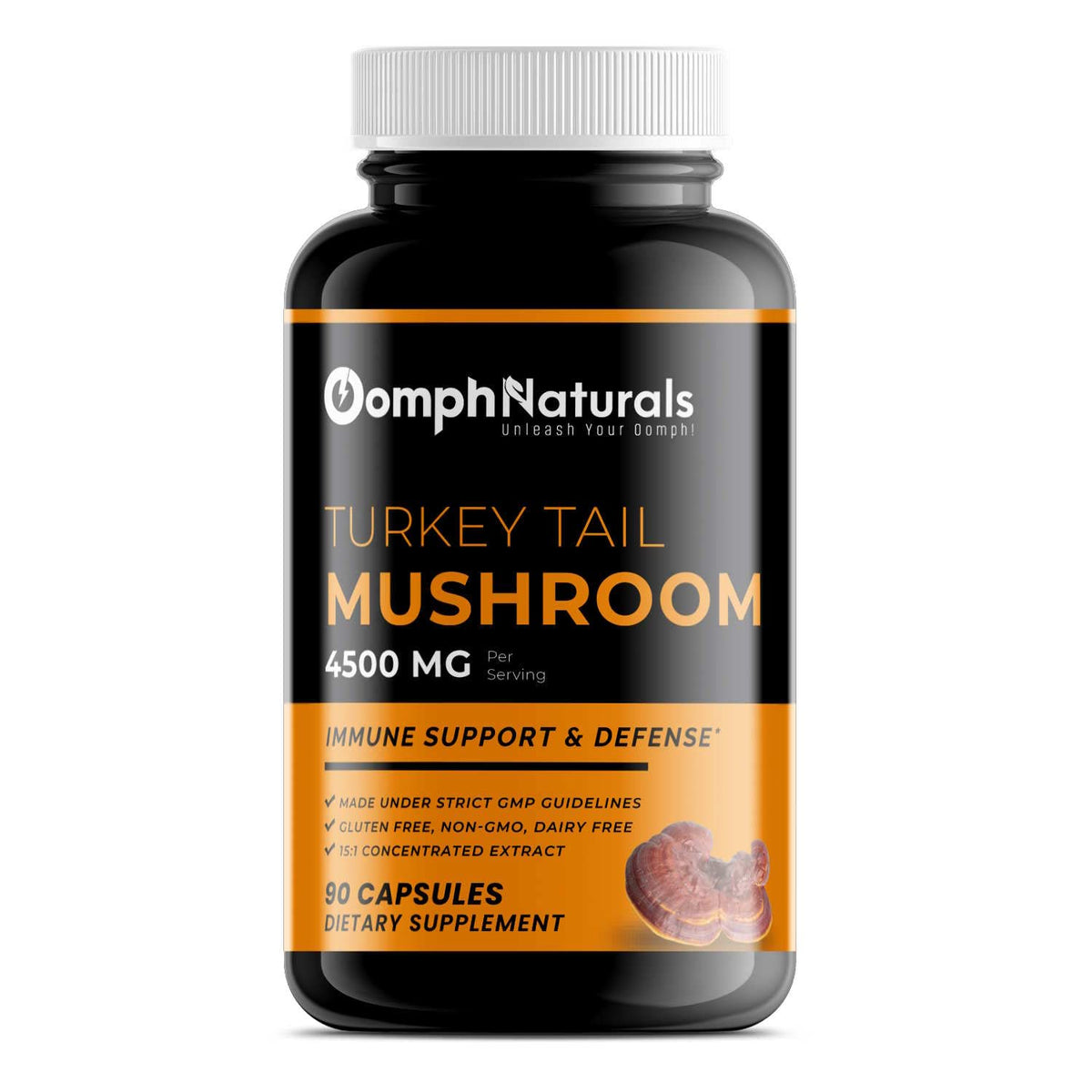 Bottle of Oomph Naturals Turkey Tail Mushroom Capsules with 4500mg extract