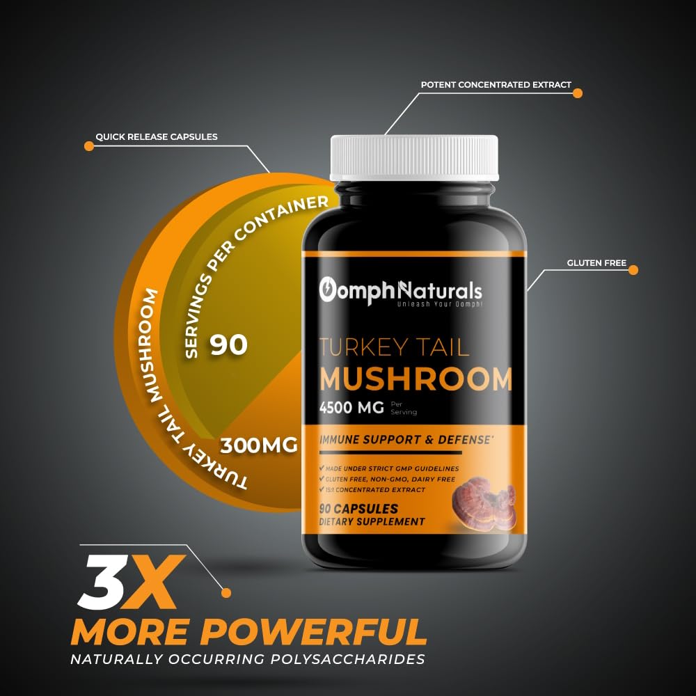 Graphic illustrating immune support and gut health benefits from Turkey Tail capsules