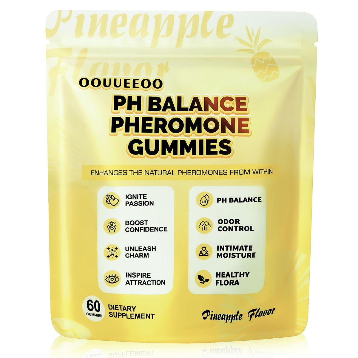 Front view of OOUUEEOO Pheromone Gummies bottle and packaging