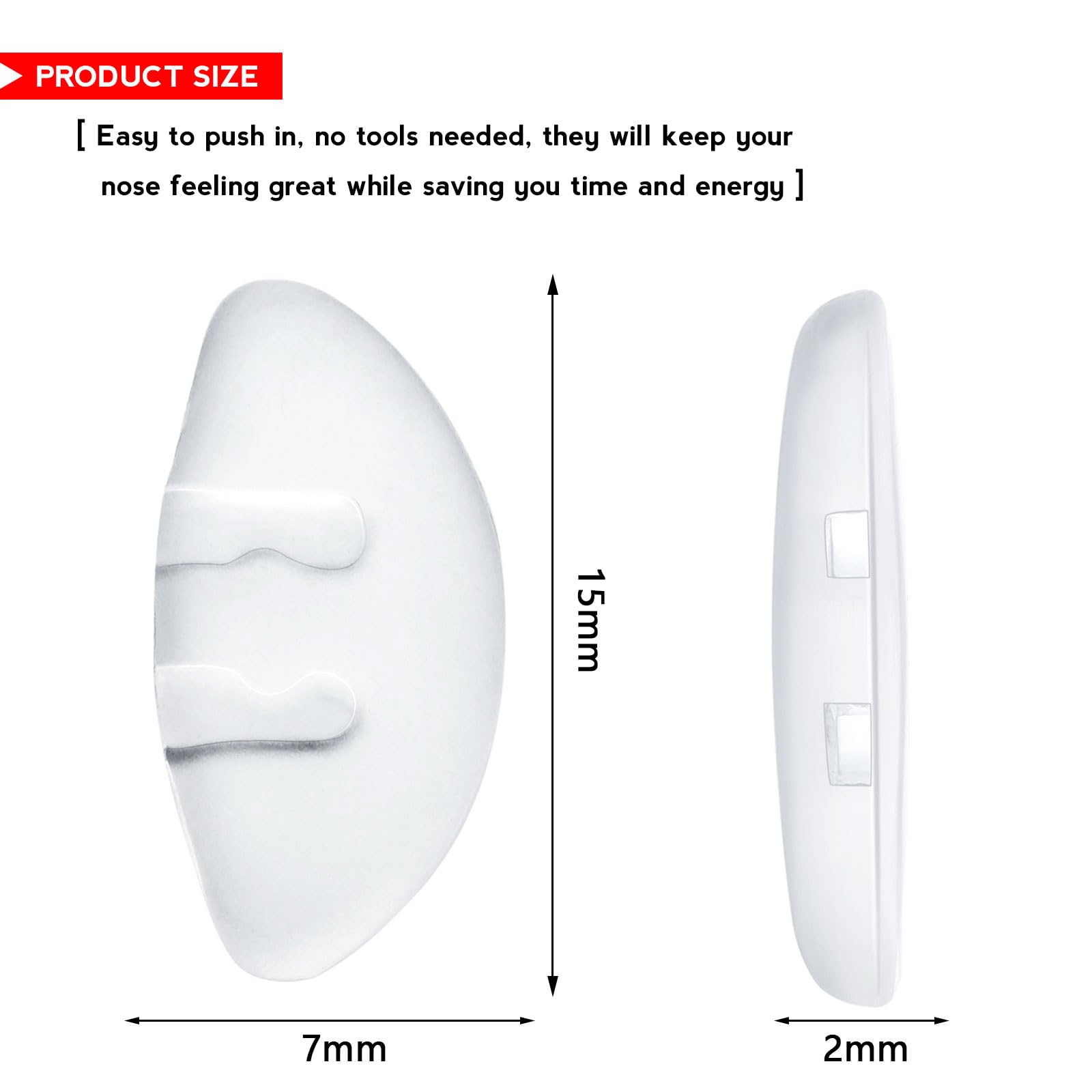 Nose pad dimensions 15mm x 7mm x 2mm shown on a diagram