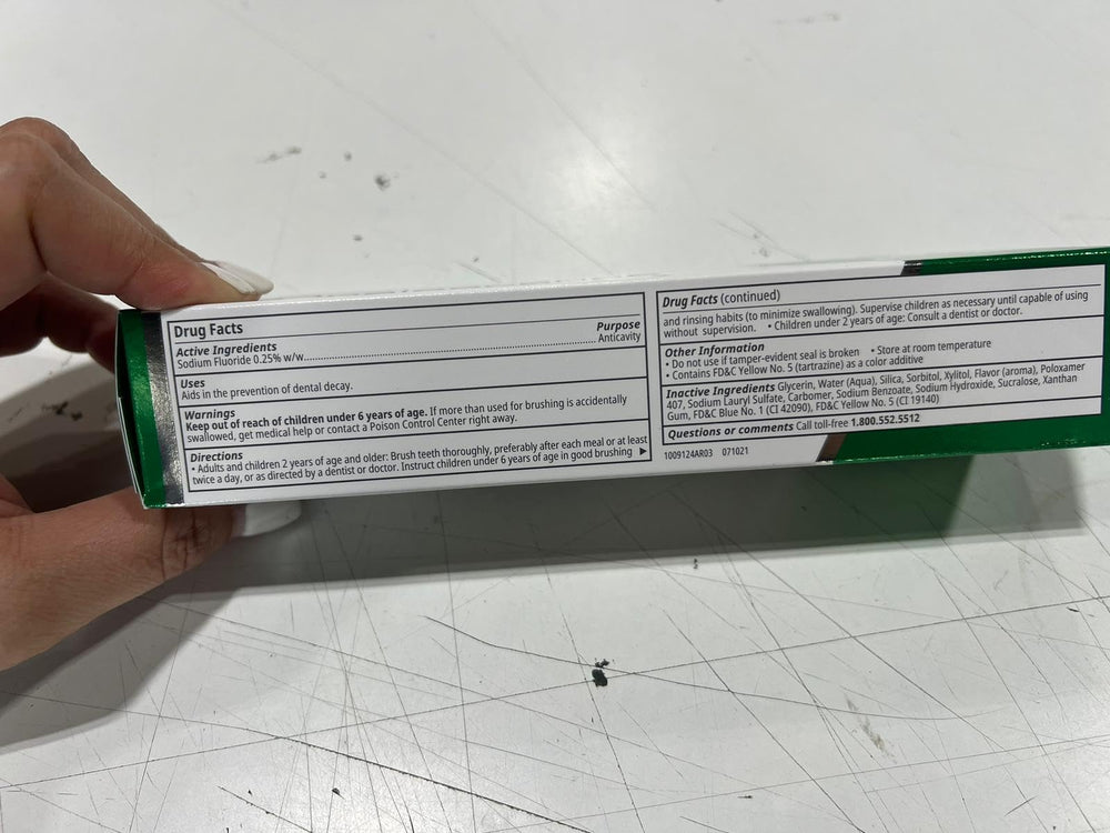 Back label with usage and ingredients on Opalescence toothpaste