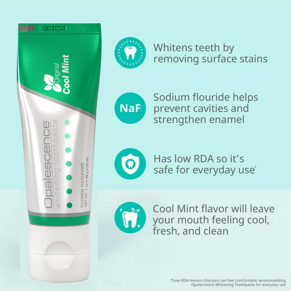 Opalescence whitening toothpaste travel size 1 oz 6-pack label close-up