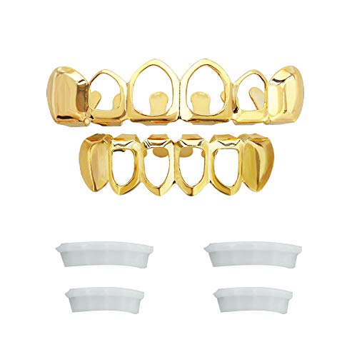 Open face 24K gold grillz top and bottom set on white background