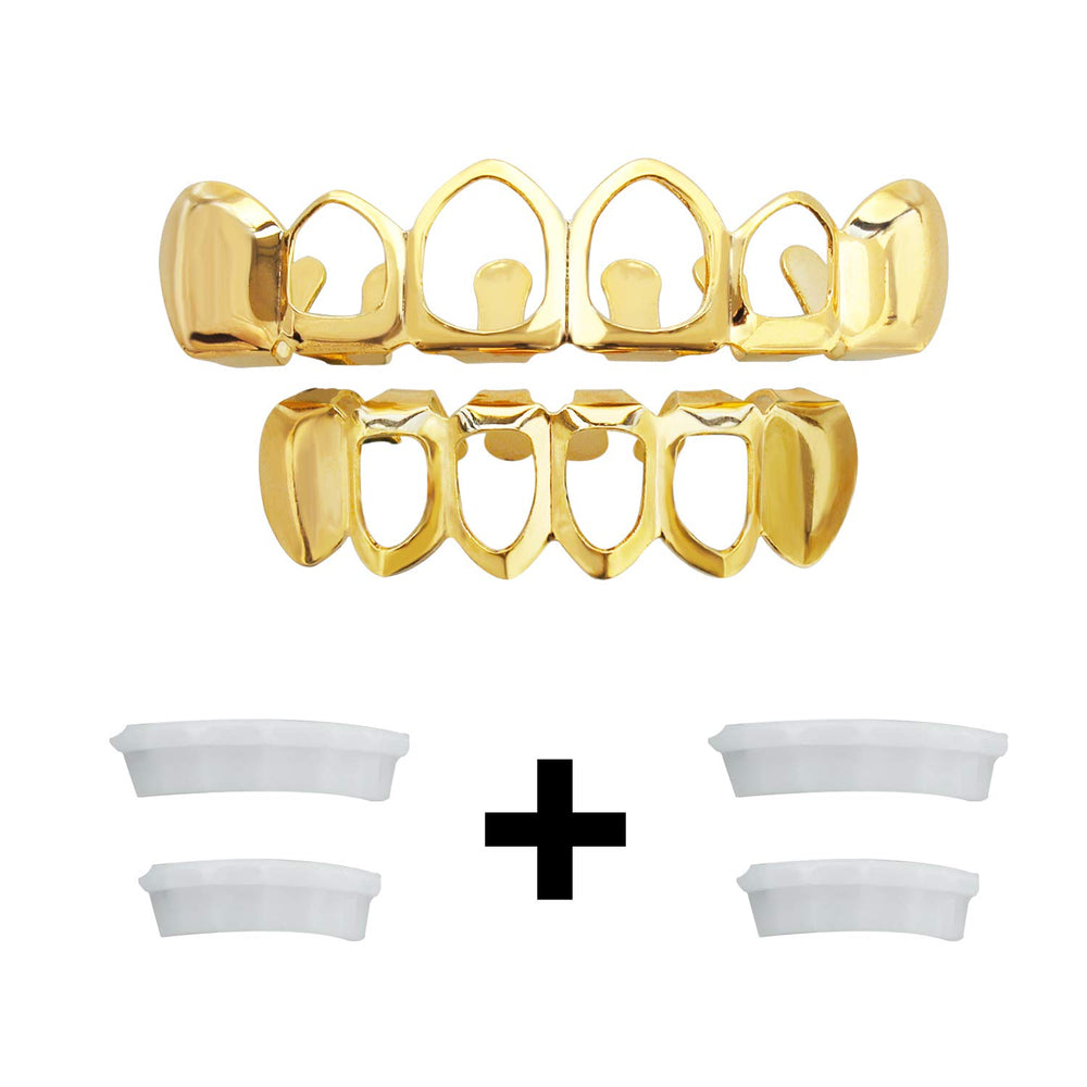 Close-up of adjustable fit 24K gold grillz for teen mouth