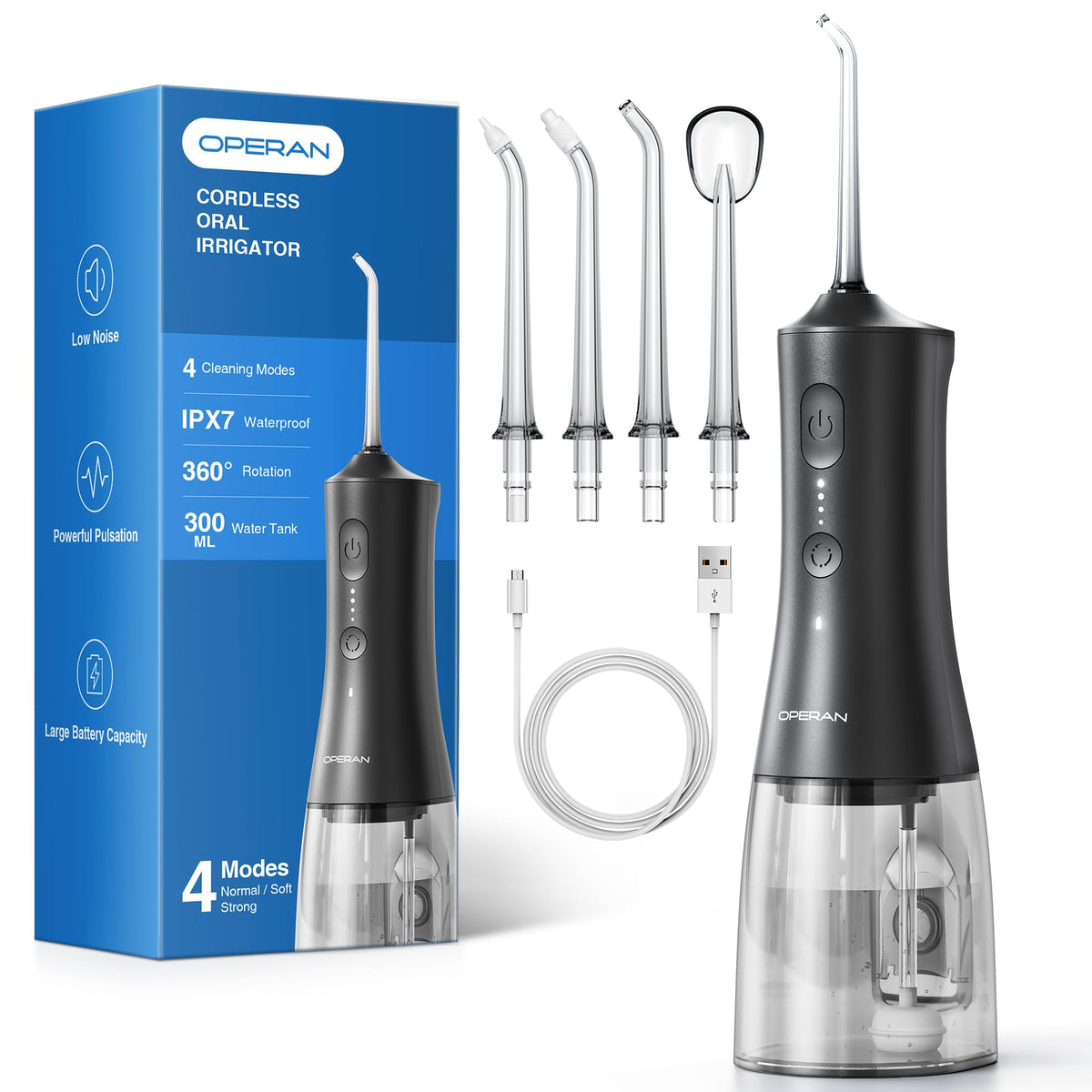 Operan cordless water flosser with black body and 300ml water tank