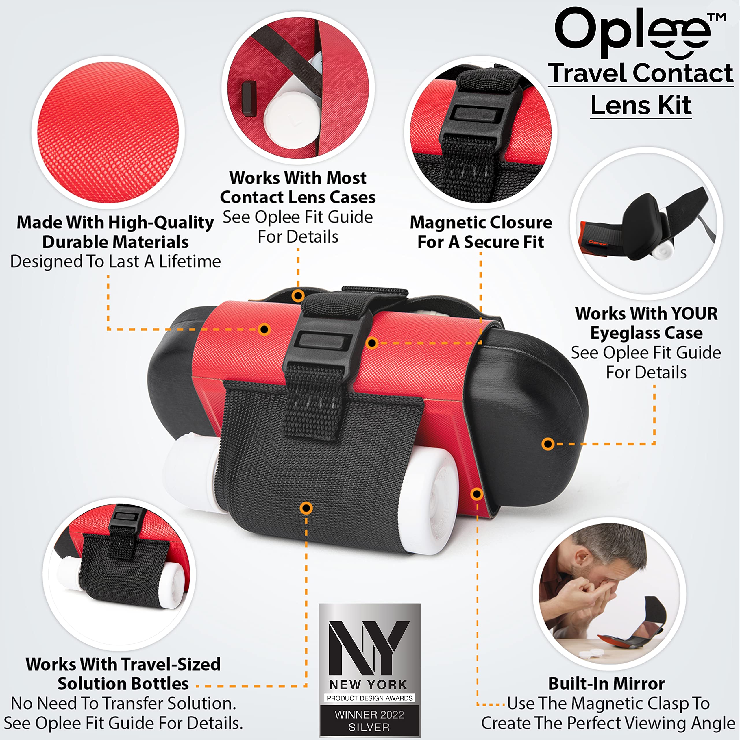 Open Oplee travel lens case showing built-in mirror