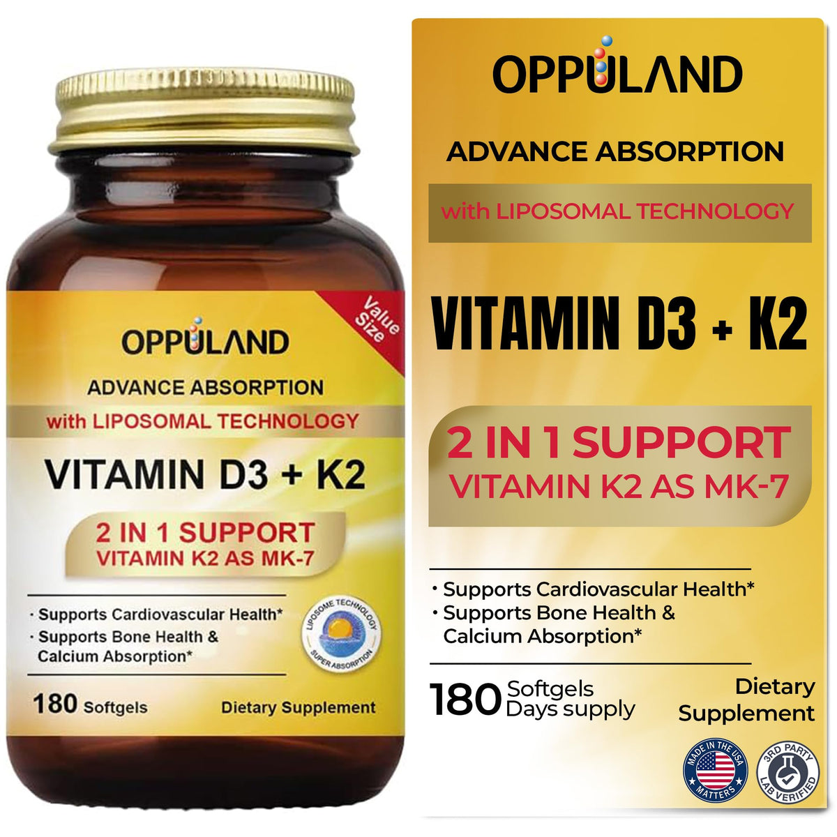 oppuland Vitamin D3 + K2 liposomal 180 softgels bottle