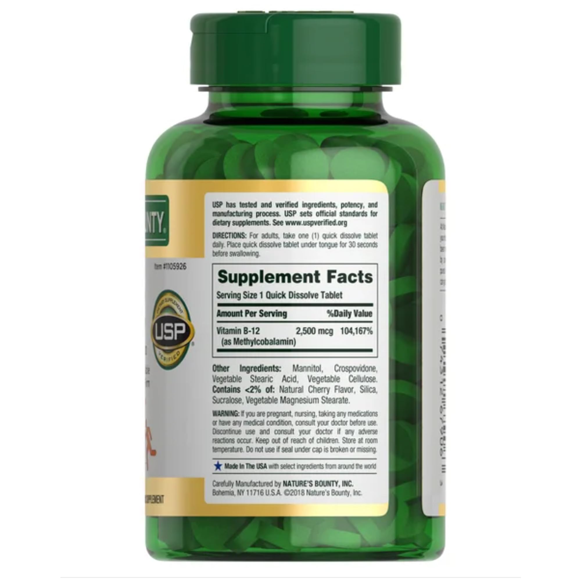 Label view of OProCyn Nature's Bounty Vitamin B-12 2500 mcg 300 Quick-Dissolve Tablets bottle