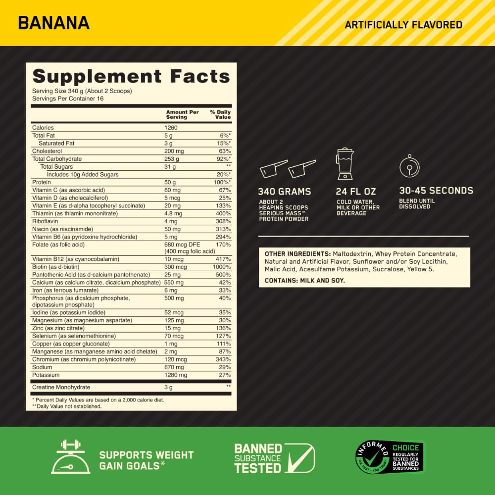Optimum Nutrition Serious Mass banana weight gainer 12 lb back packaging with nutrition facts