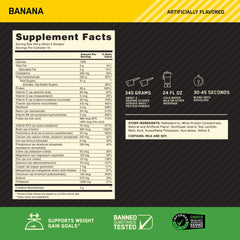 Optimum Nutrition Serious Mass banana weight gainer 12 lb back packaging with nutrition facts