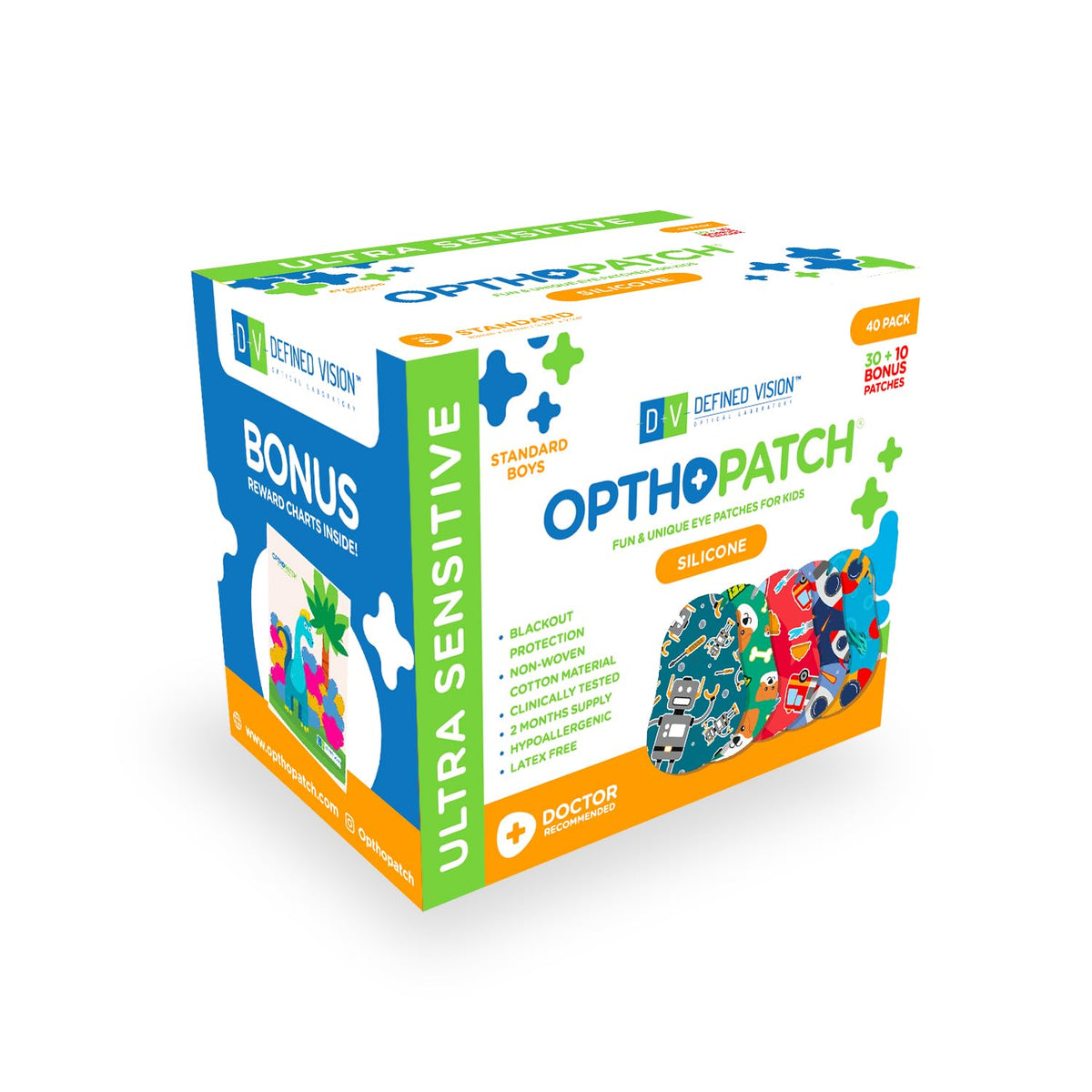 Front view of Opthopatch box and patches for kids