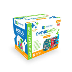 Front view of Opthopatch box and patches for kids
