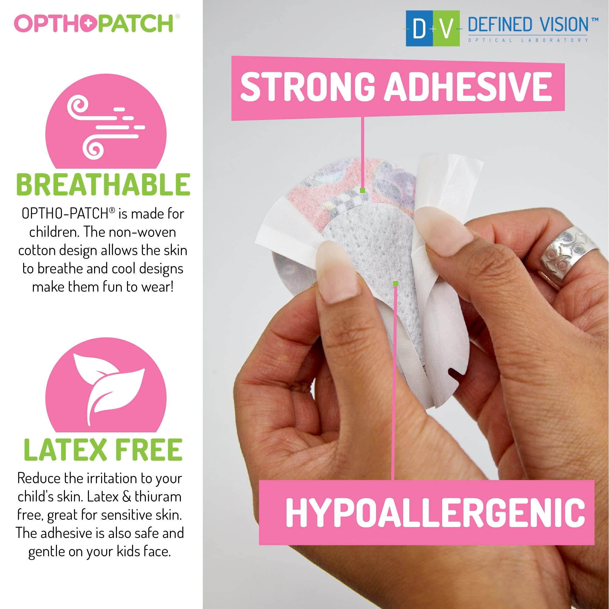 Close-up of OpthoPatch latex-free adhesive bandages