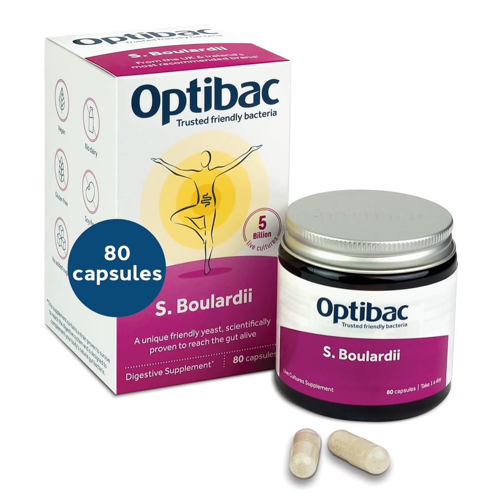 OptiBac Saccharomyces boulardii bottle with 5 billion CFU per capsule