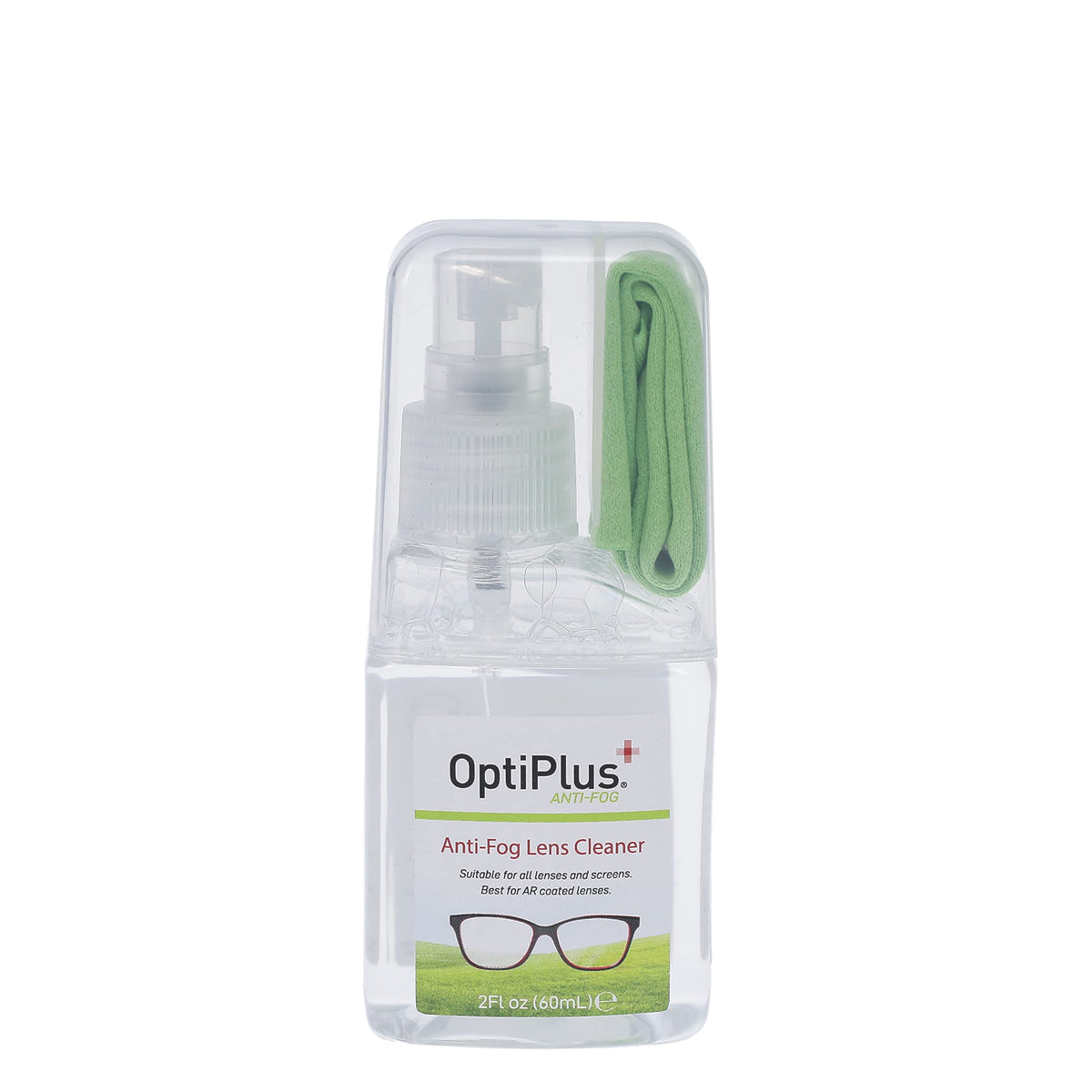 OptiPlus Anti-Fog spray kit bottle with microfiber cloth