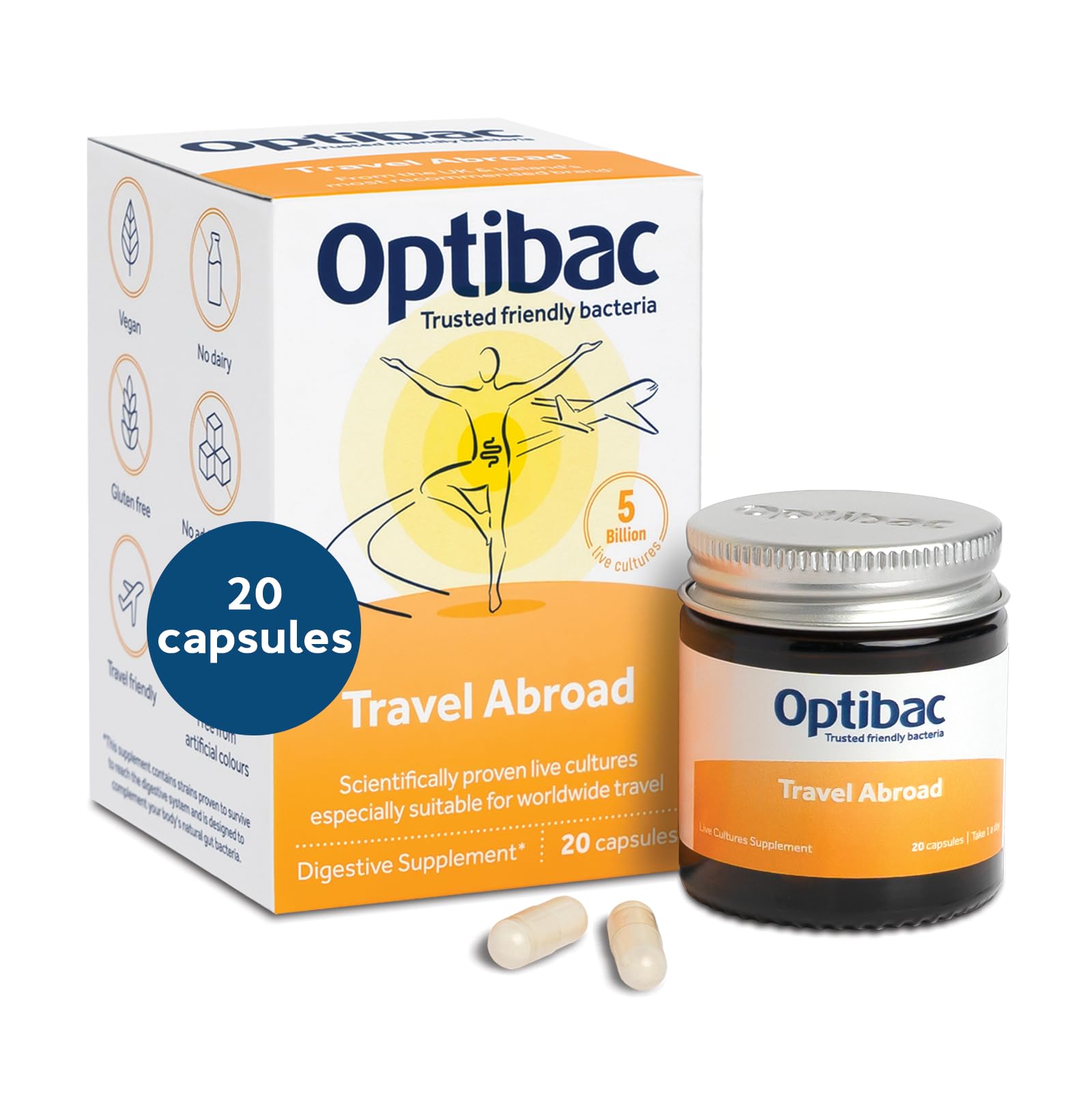 Optibac Probiotics Travelling Abroad bottle - 20 vegetarian capsules front view