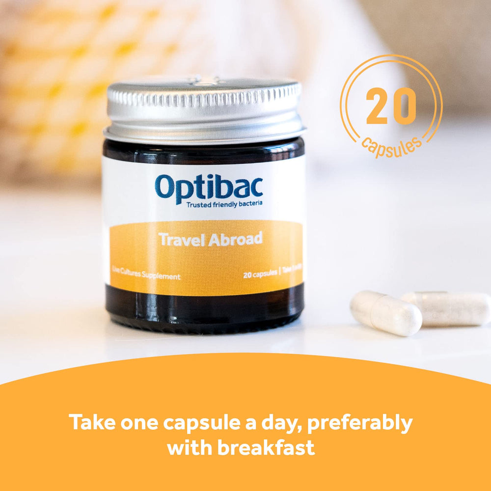 Optibac Travelling Abroad capsules spilling from the bottle